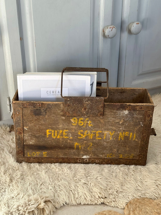 Vintage Wooden Ammunition Box with Iron Handle • Magazine Rack