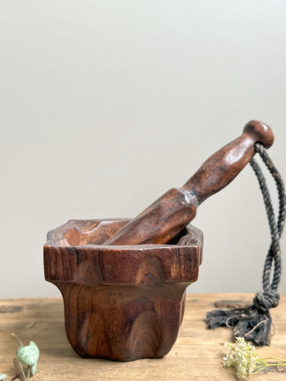 Vintage Hand-Carved Wooden Spanish Pestle & Mortar