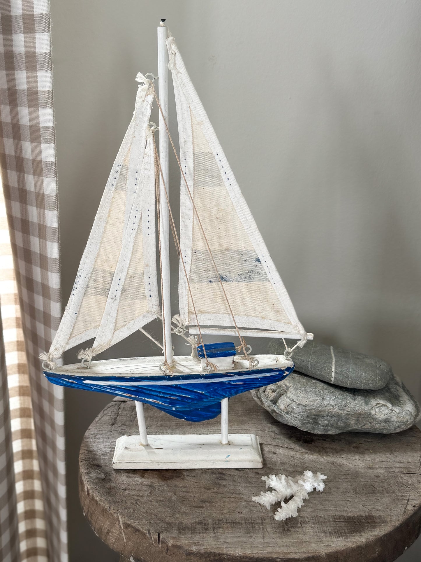 Vintage Blue & White Wooden Sailing Boat