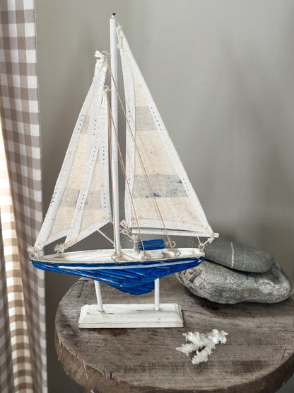 Vintage Blue & White Wooden Sailing Boat