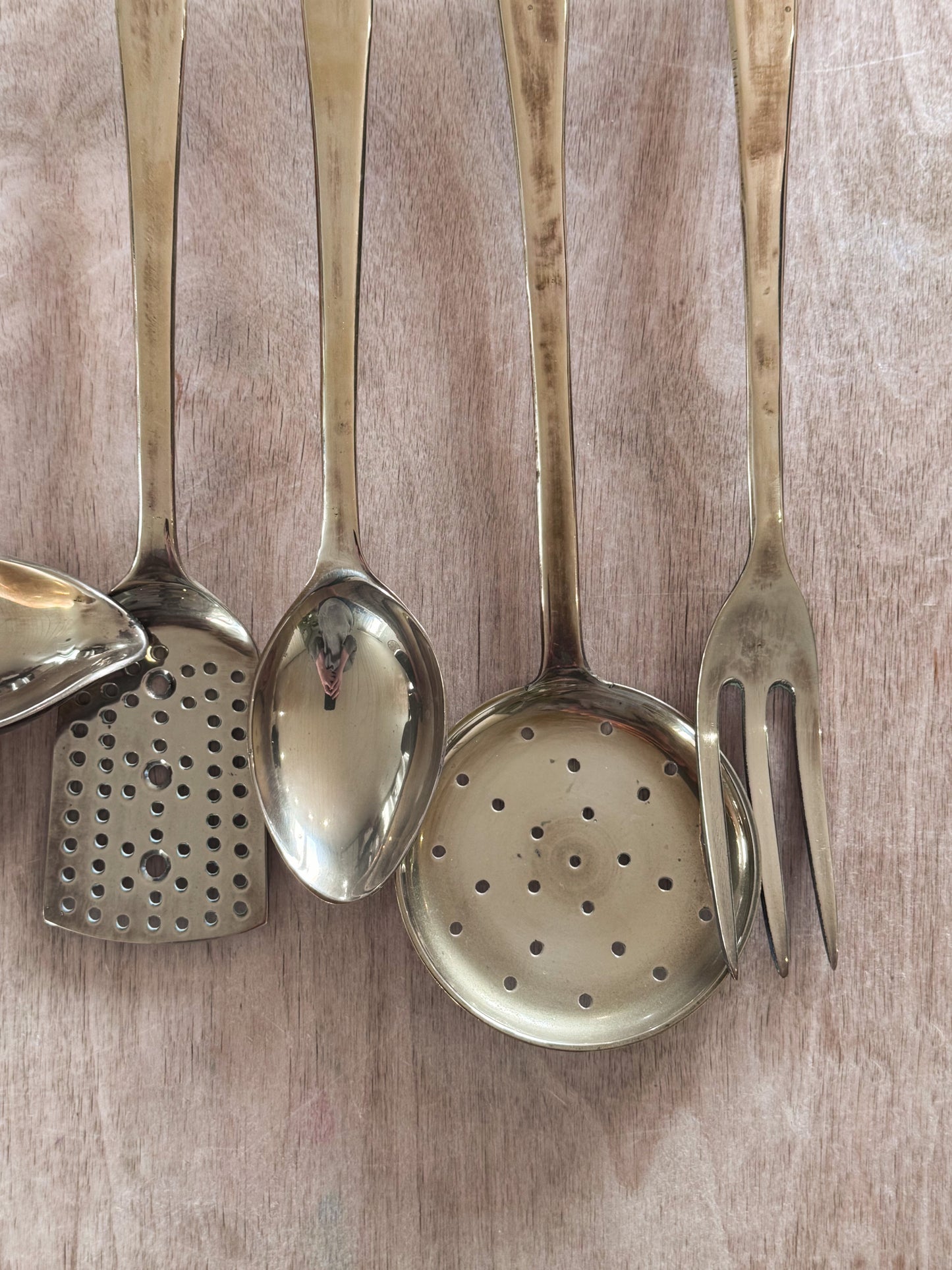 Vintage Solid Brass Kitchen Utensil Set with Hanging Rail - Set of Six