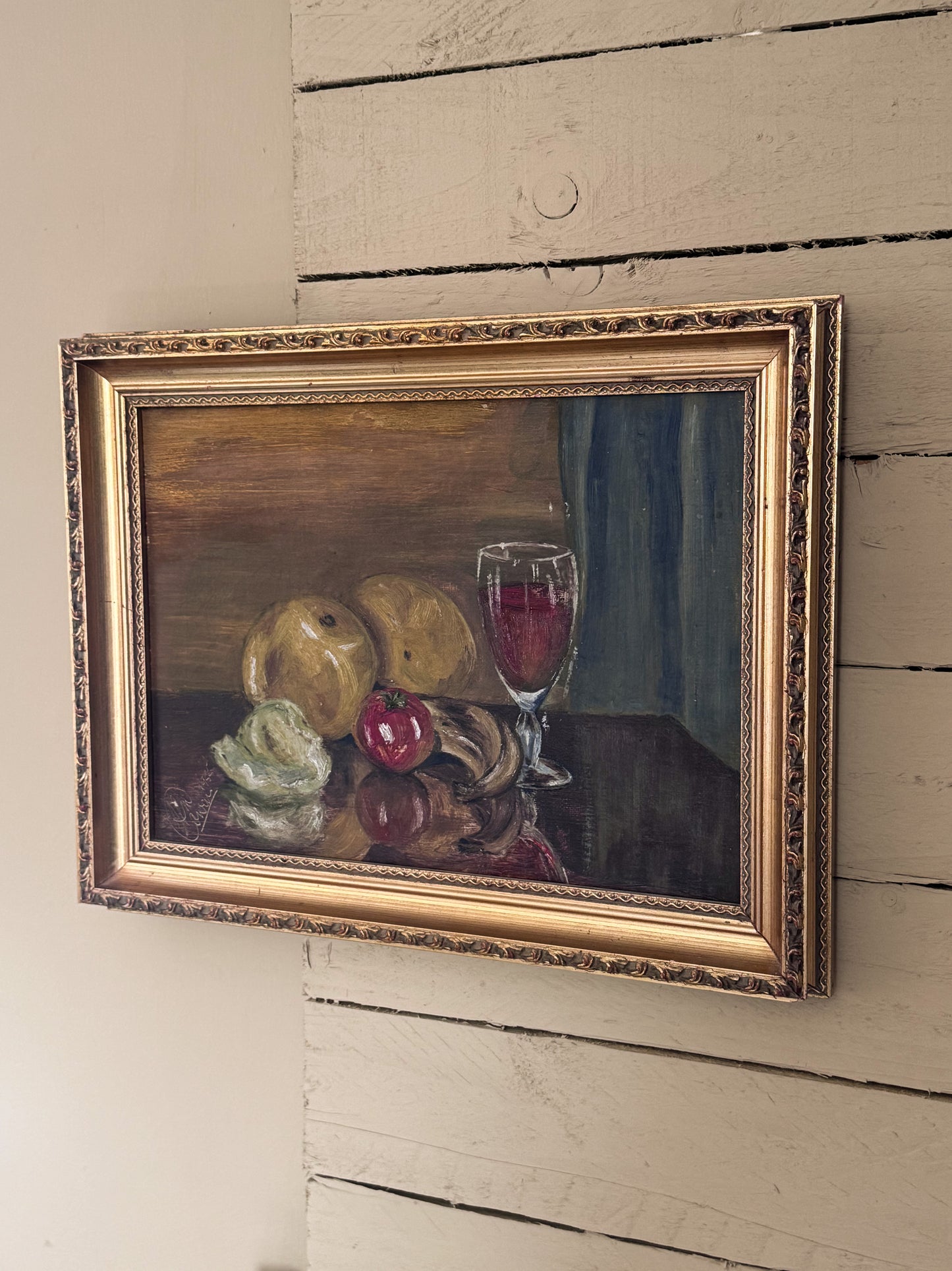 Vintage 1955 Signed Oil on Canvas Still Life Painting in Ornate Gilt Frame