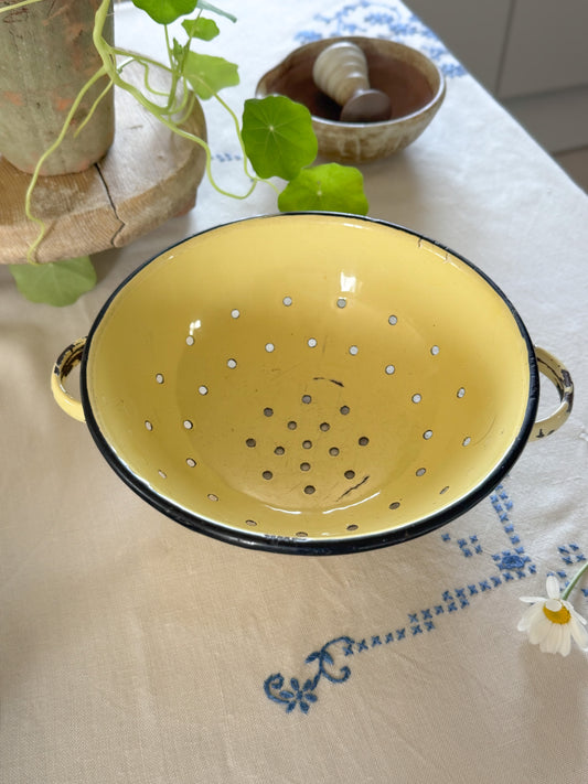 Vintage Soft Yellow Enamel Colander