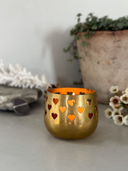 Vintage Solid Brass Hearts Tealight Holder