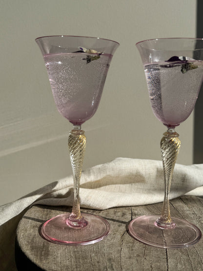 Incredible Handblown Rose & Gold-Flecked Stem Glasses (Pair)