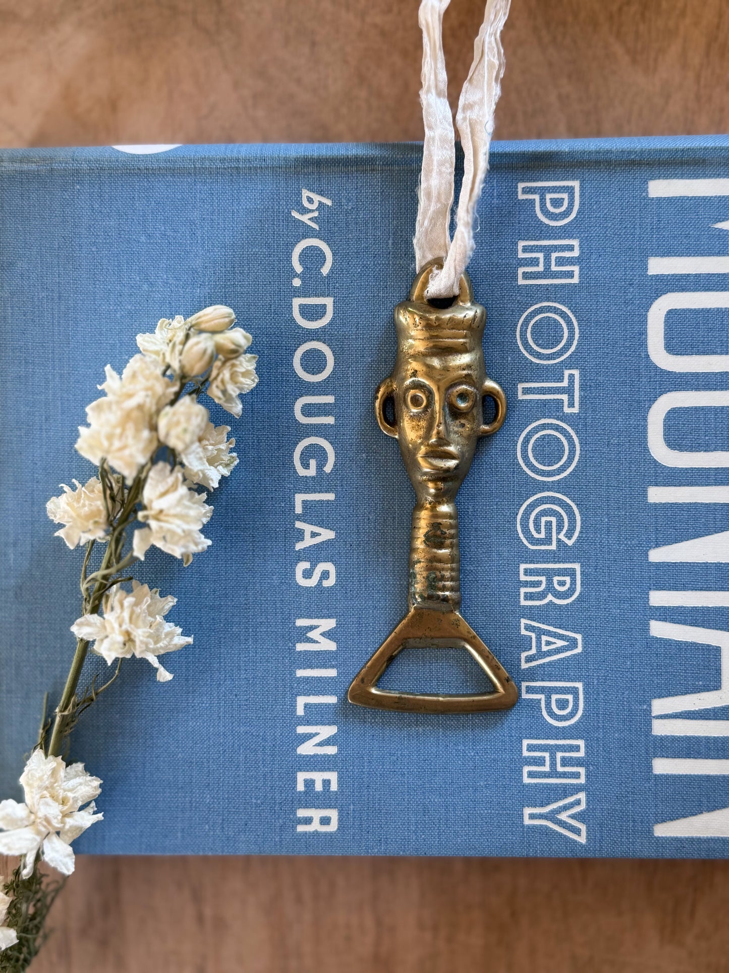 Vintage Solid Brass Folk Figure Bottle Opener with Silk Ribbon