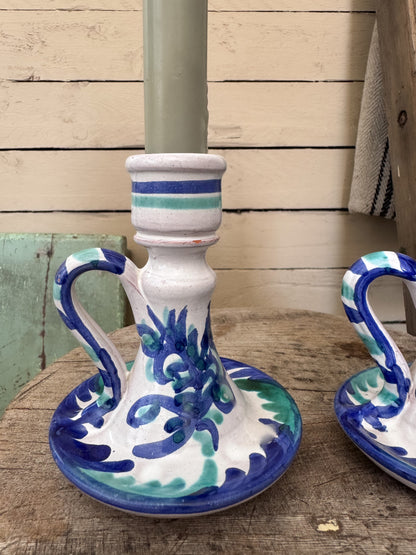 Vintage Andalusian Spanish Studio Pottery Candlestick Pair
