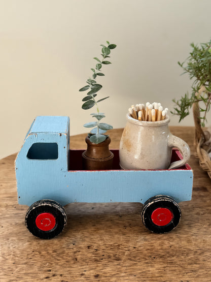 Vintage 1950s Handmade Folk Art Wooden Truck, Blue & Red Chippy Paint