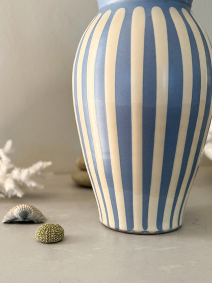 Vintage Striped Studio Pottery Vase, Blue & Cream