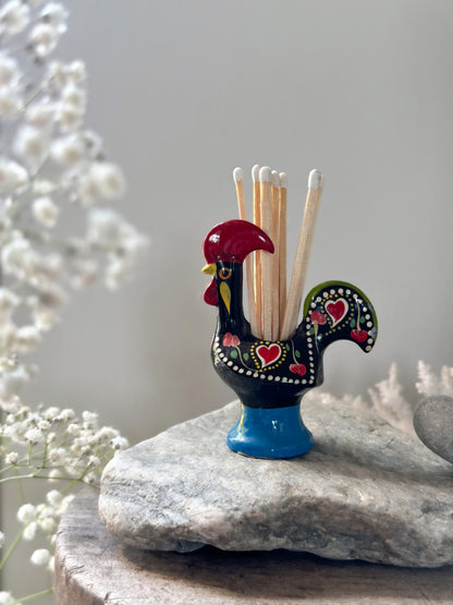 Vintage Enamel Portuguese Cockerel Pot • Match Pot, Cocktail Stick Holder