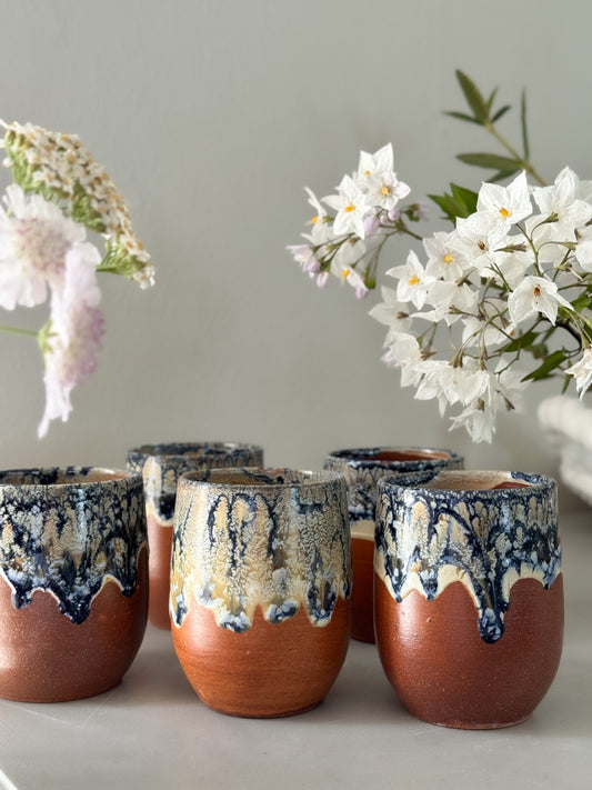 Set of 5 Vintage Studio Pottery Drip Glaze Tumblers