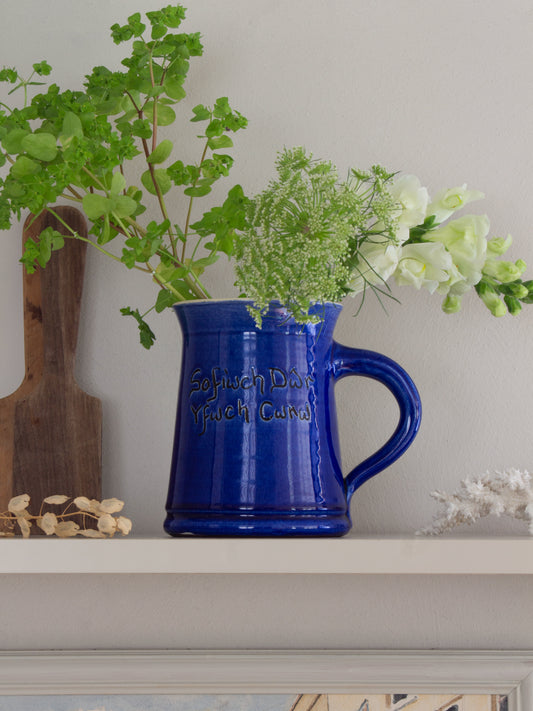 Vintage Welsh Studio Pottery Cobalt Blue Tankard by Ewenny Pottery - ‘Safiwch Dŵr, Yfwch Cwrw’ | Save Water, Drink Beer’ Slipware Tankard