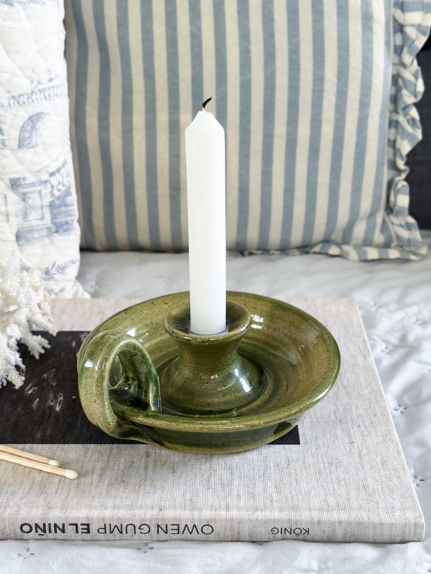 Vintage Large Olive Green Studio Pottery Chamberstick