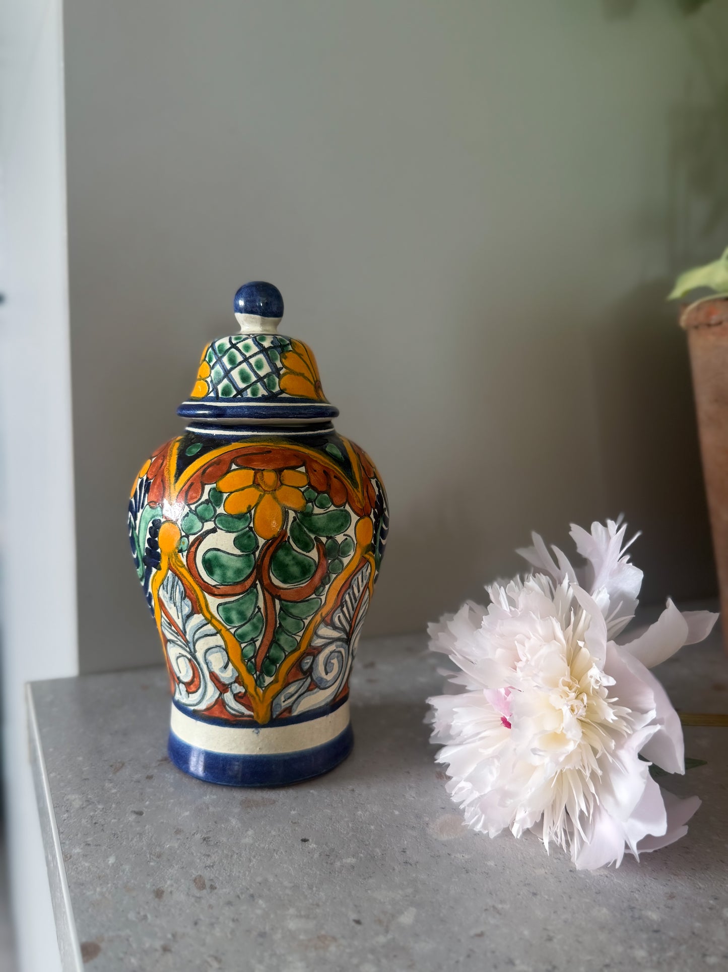 Vintage Hand-Painted Mexican Talavera Jar with Lid | Ginger Jar