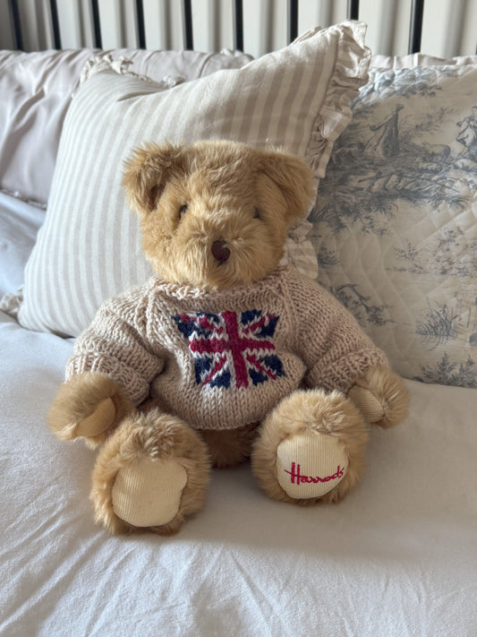 Vintage Harrods Knightsbridge Teddy Bear with Wool Union Jack Jumper