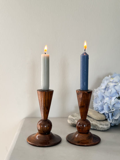Pair of Vintage Hand-Turned Wooden Candlestick Holders