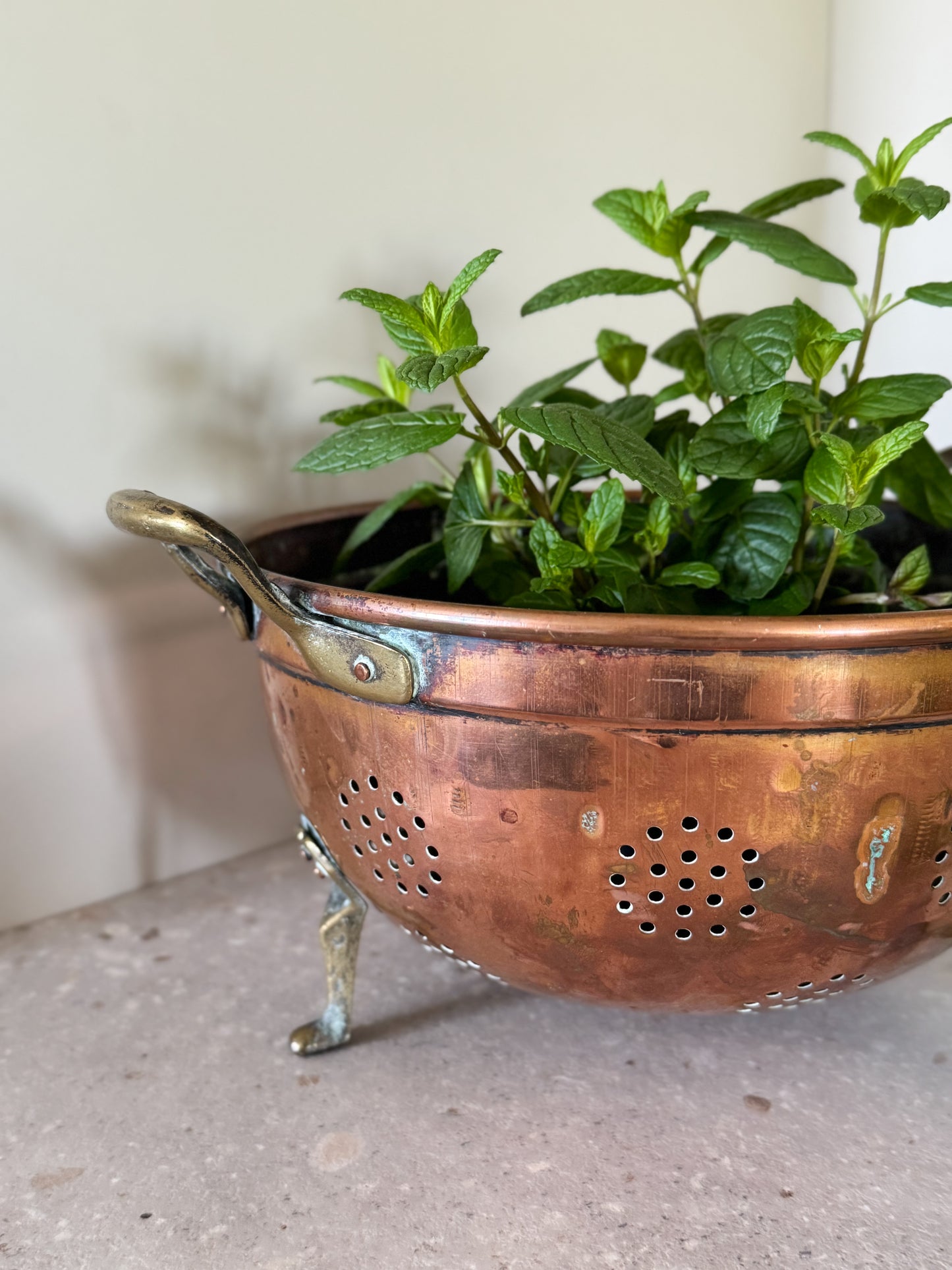 Antique French Copper Colander with Brass Feet