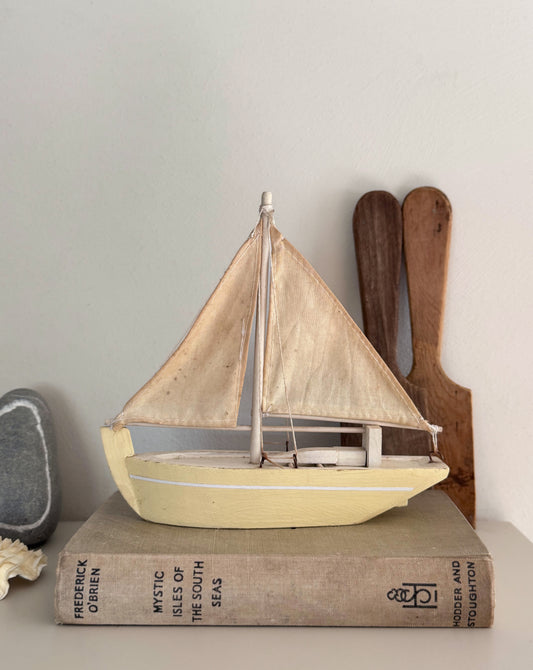 Vintage Handmade Butter Yellow Aged Model Sailing Boat