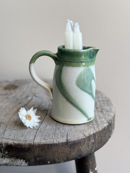 Small Studio Pottery Jug — Olive Green Drip Glaze