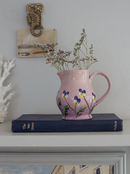 Vintage Hand-Painted Pansies Studio Pottery Jug, Signed ‘JS’