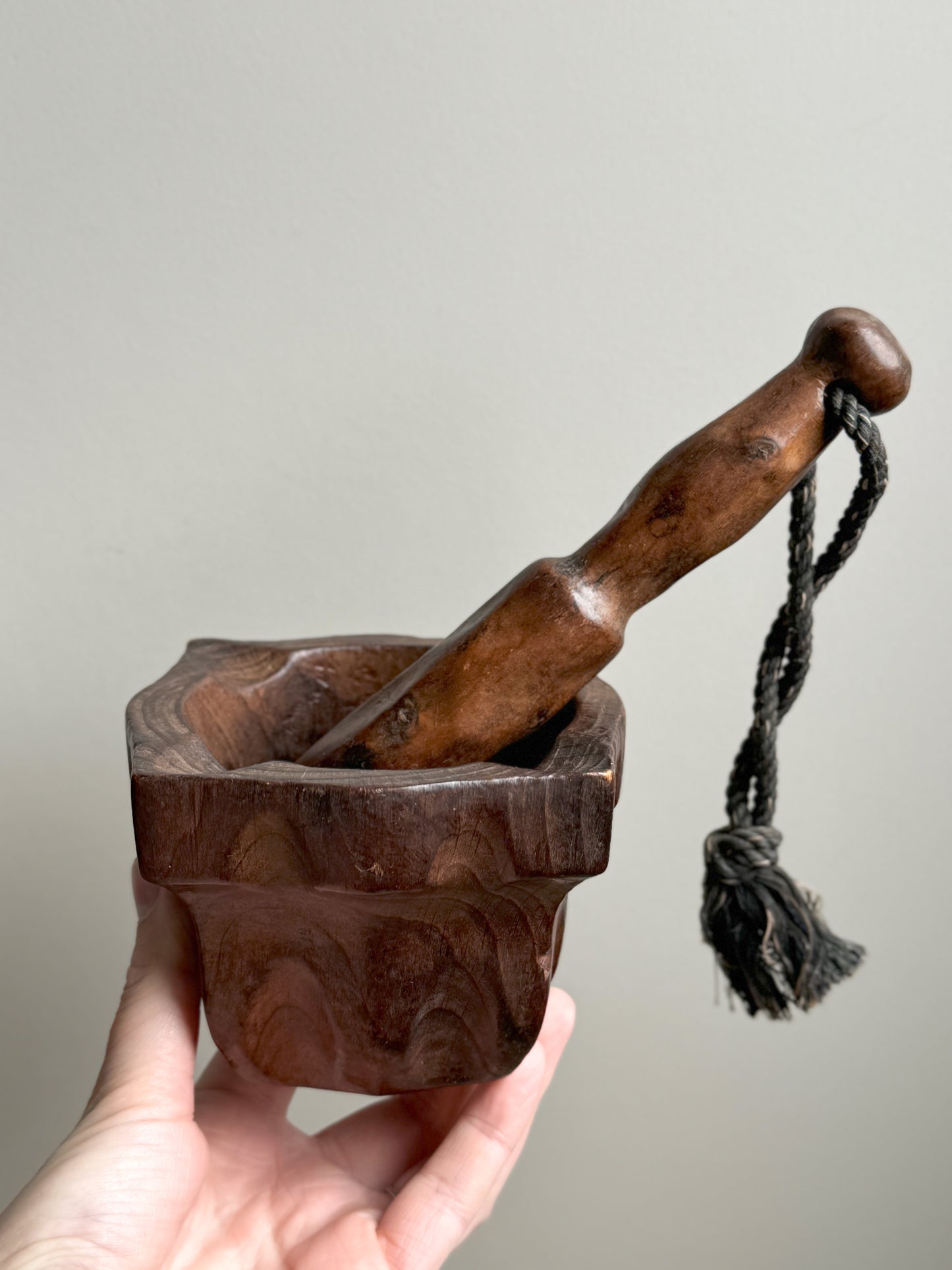 Vintage Hand-Carved Wooden Spanish Pestle & Mortar