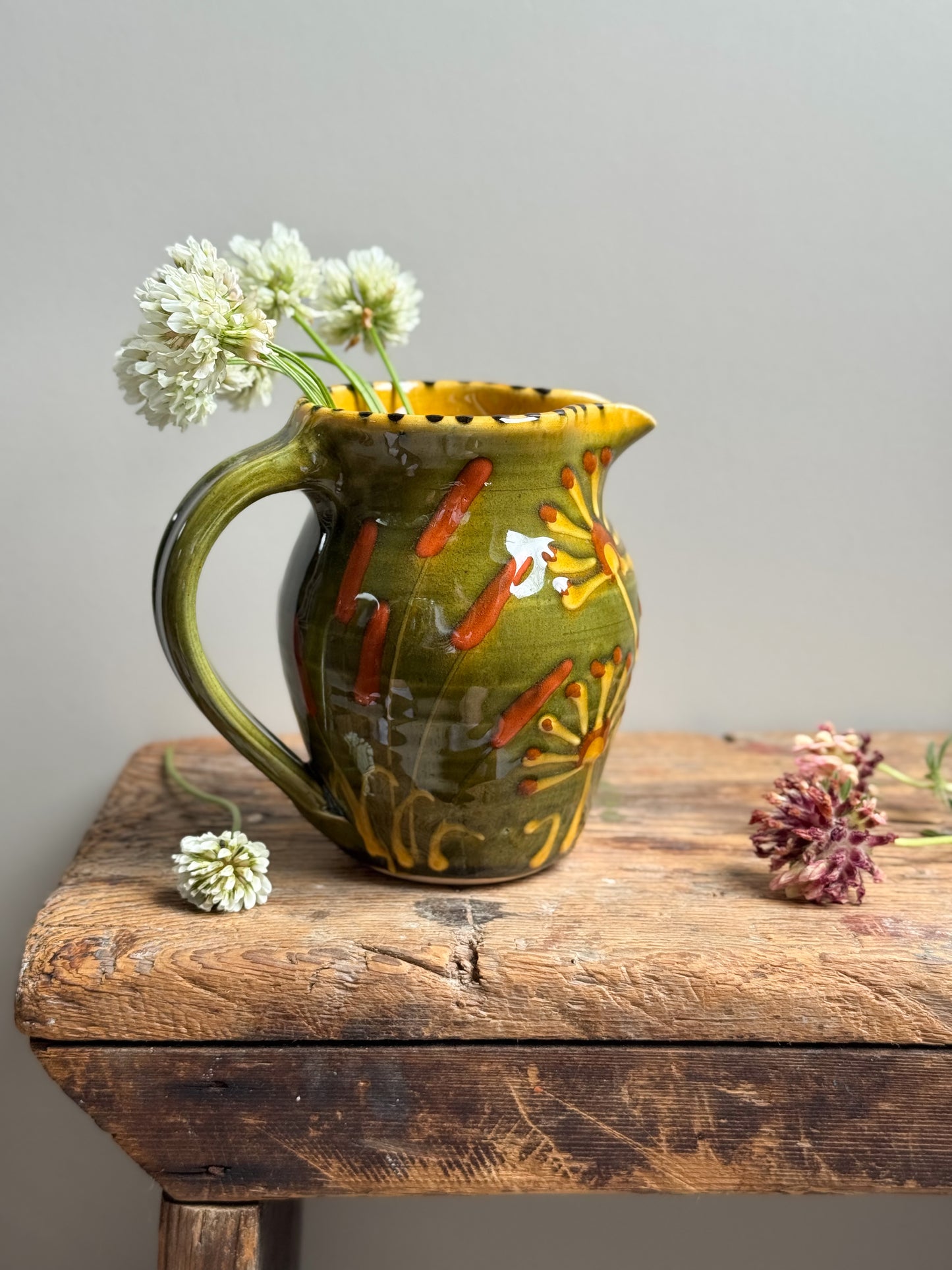 Welsh Studio Pottery Olive Green Floral Creamer by Wendy Gill, Earthworks Pottery