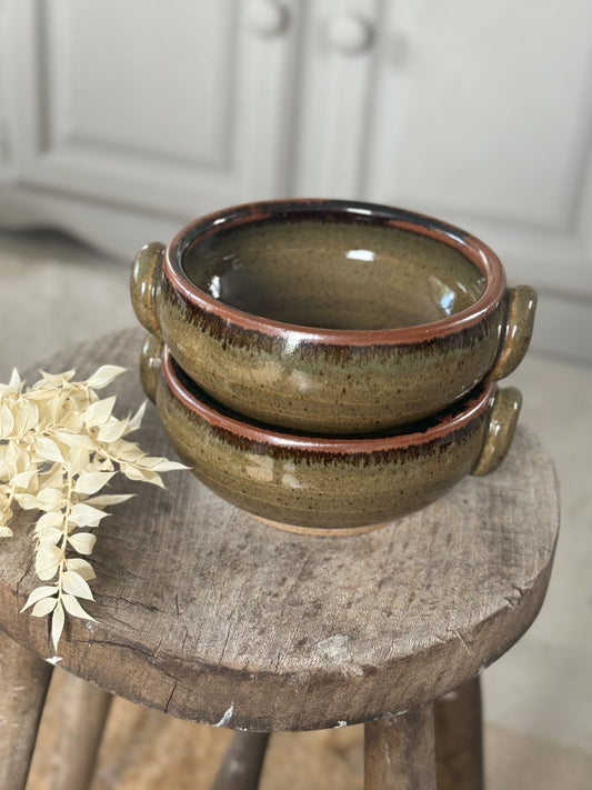 Pair of Studio Pottery Olive Green Salt Glazed Handled Bowls