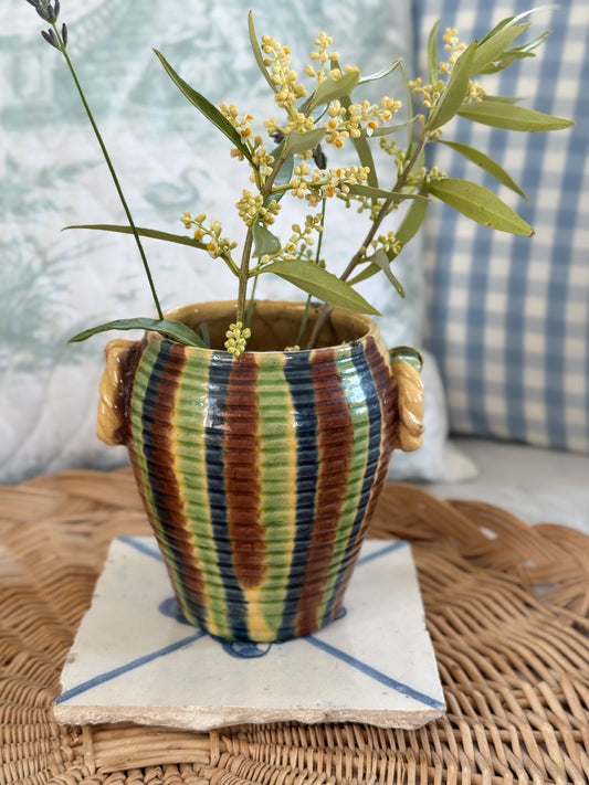 Antique French Drip Glaze Pot with Roped Handles