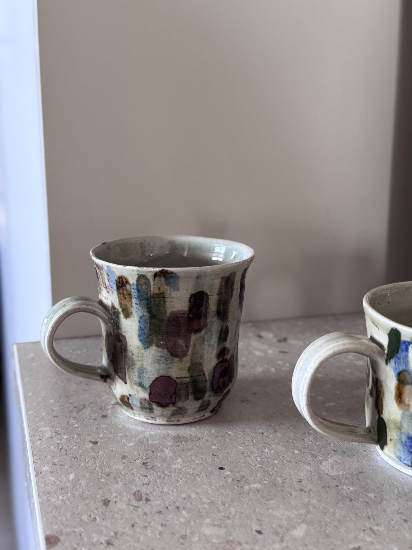 Pair of Vintage Studio Pottery Flat White Mugs with Abstract Brushstroke Glaze