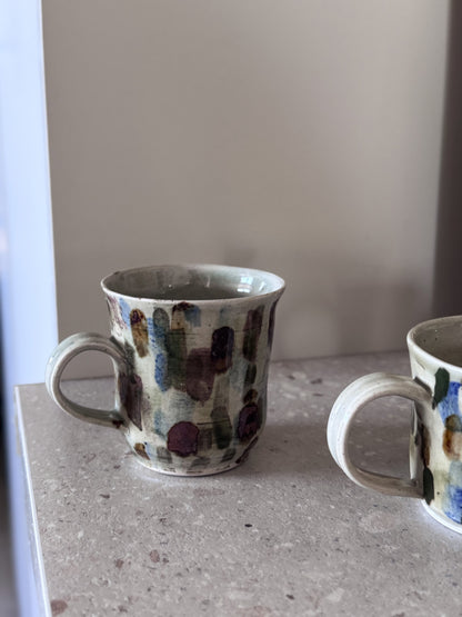 Pair of Vintage Studio Pottery Flat White Mugs with Abstract Brushstroke Glaze