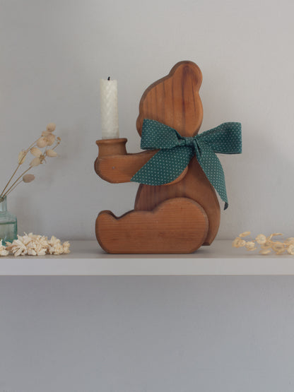 Vintage Handmade Folk Art Wooden Teddy Bear Candle Holder