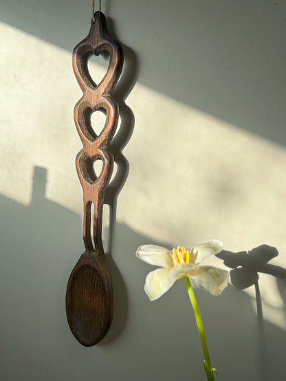 Large Vintage Hand-Carved Welsh Love Spoon • Three Hearts • Tair Calon