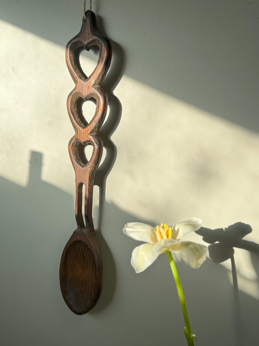 Large Vintage Hand-Carved Welsh Love Spoon • Three Hearts • Tair Calon