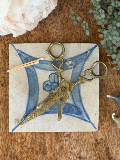 Victorian Brass Candle Wick Trimming Scissors | Intricate floral etching & heart shaped handles