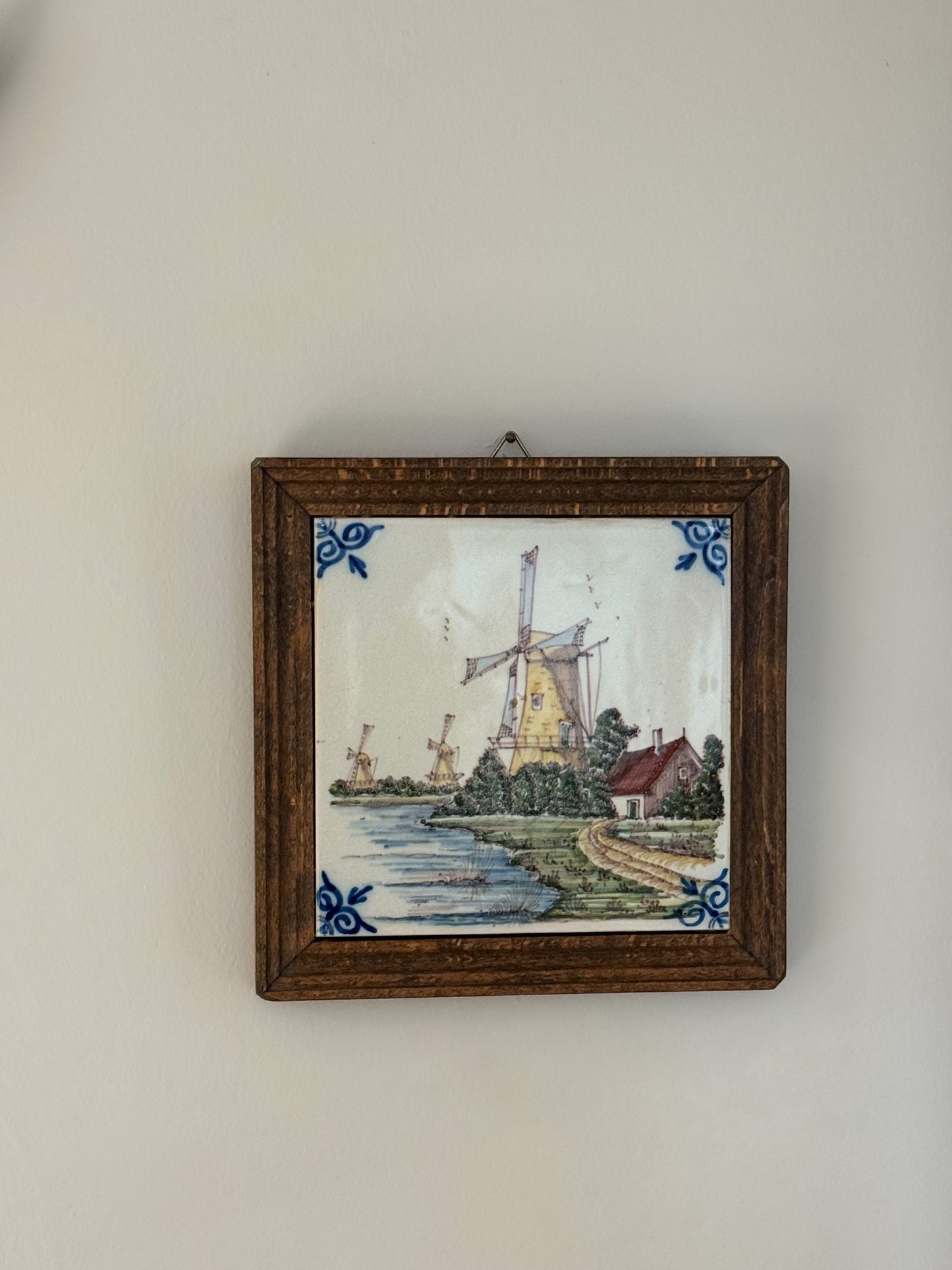 Vintage Harlingen Holland Framed Delft Ceramic Tile - Windmill Scene