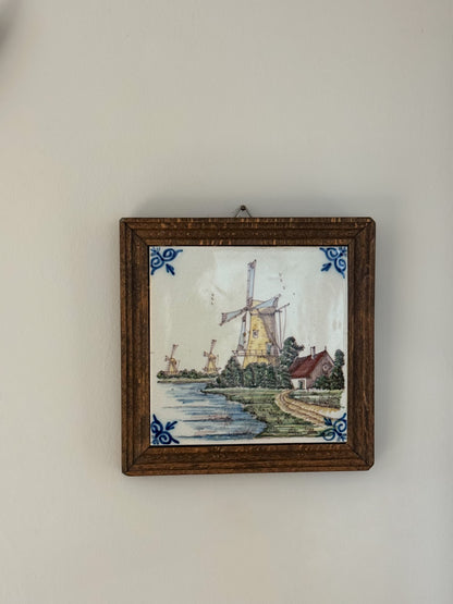 Vintage Harlingen Holland Framed Delft Ceramic Tile - Windmill Scene