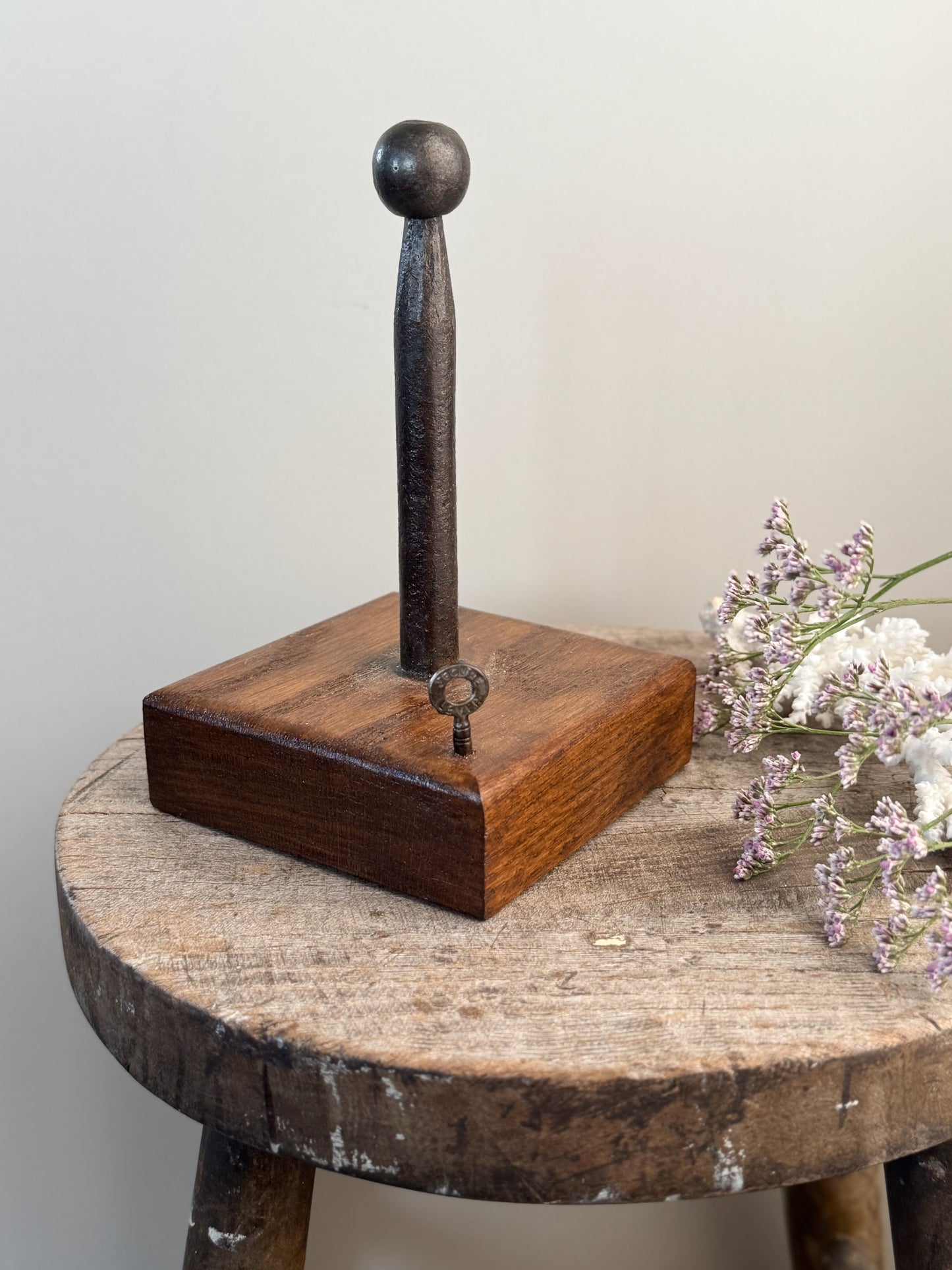 Handmade Wood and Iron Twine Stand with Antique Key & Upholsterer’s Thread