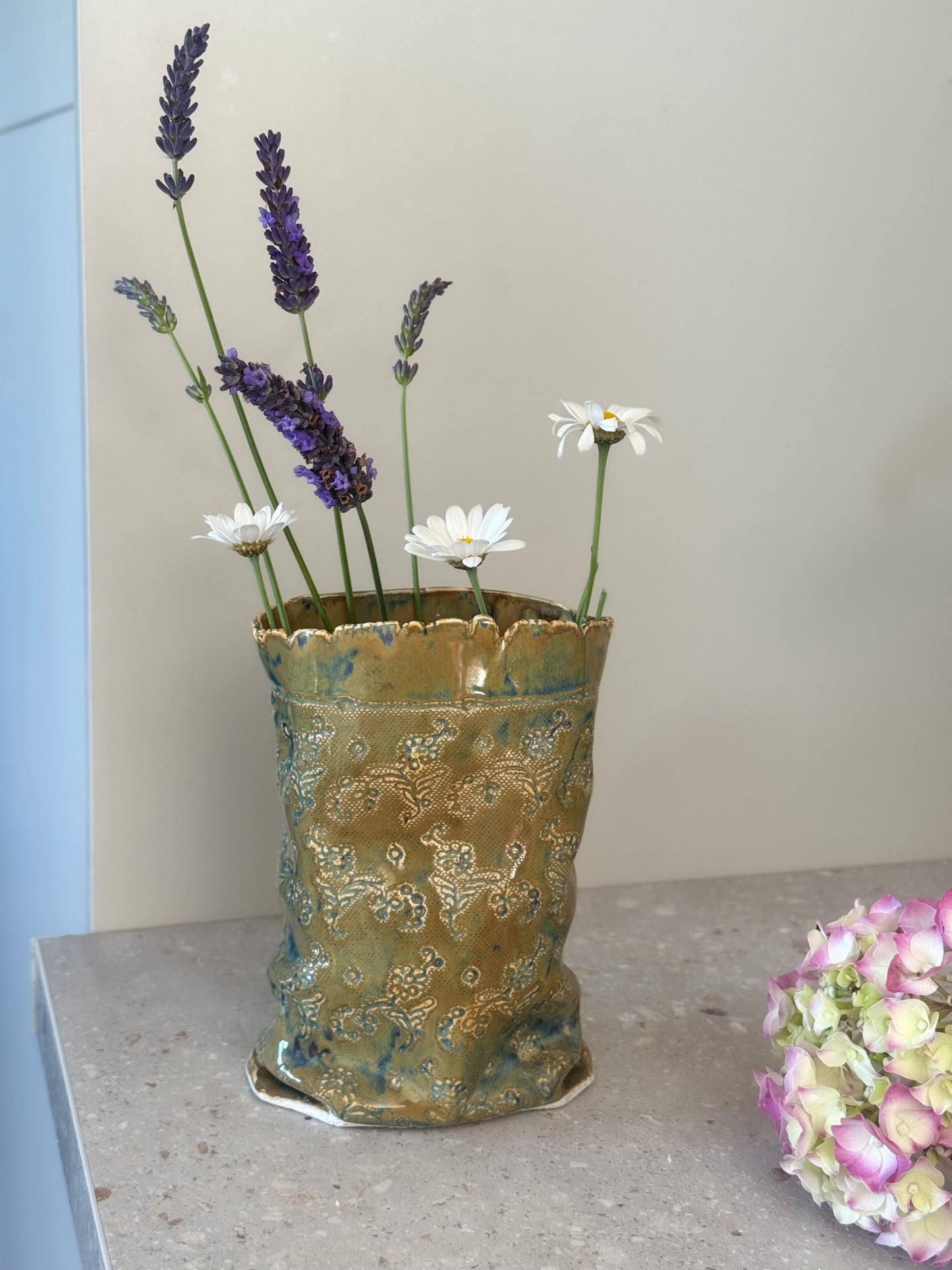 Incredible Studio Pottery Sculptural Vase with Impressed Floral Design, Signed C.Raven