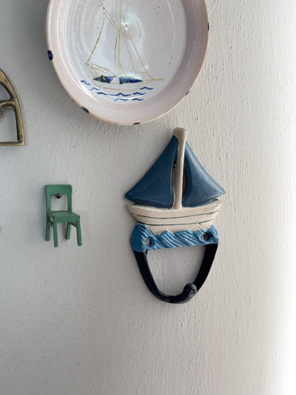 Vintage Hand-Painted Cast Iron Sailing Boat Wall Hook