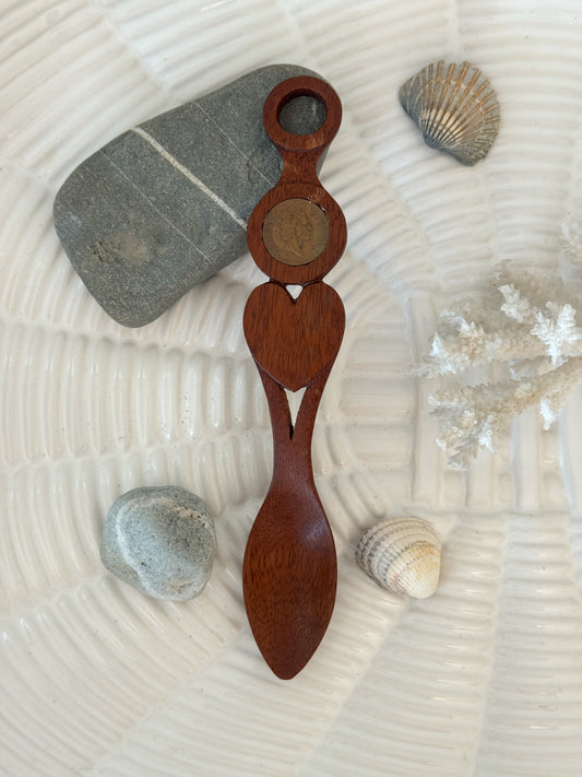 Vintage Hand-Carved Welsh Folk Art Love Spoon with 1988 Lucky Penny