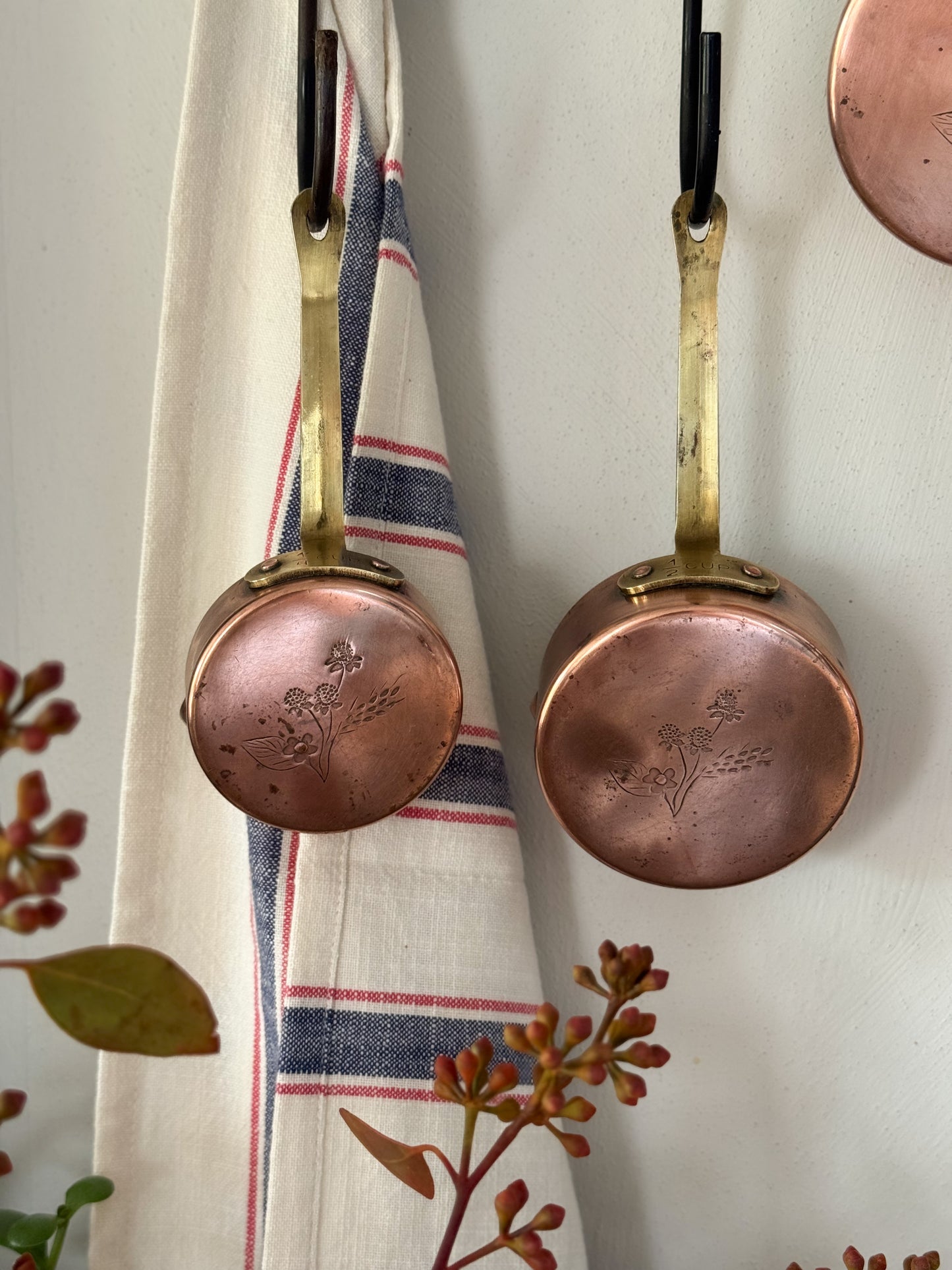 Vintage Handmade Copper Measuring Cups with Floral Etchings (Set of 4)