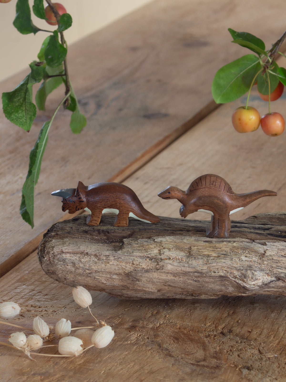 Vintage Hand-Carved Miniature Wooden Dinosaurs • Triceratops & Spinosaurus