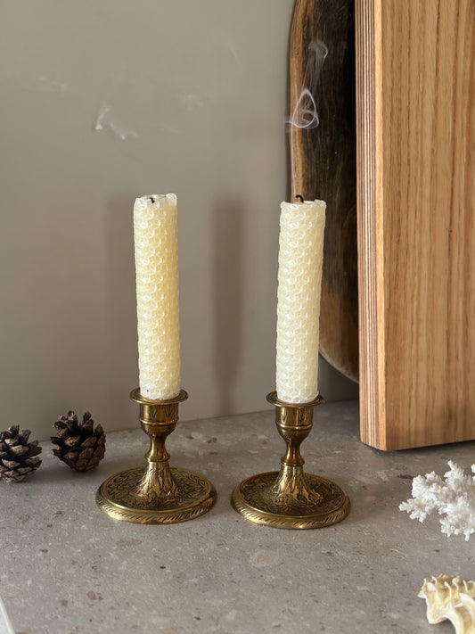 Pair of Vintage Solid Brass Candle Holders with Etched Leaf Design