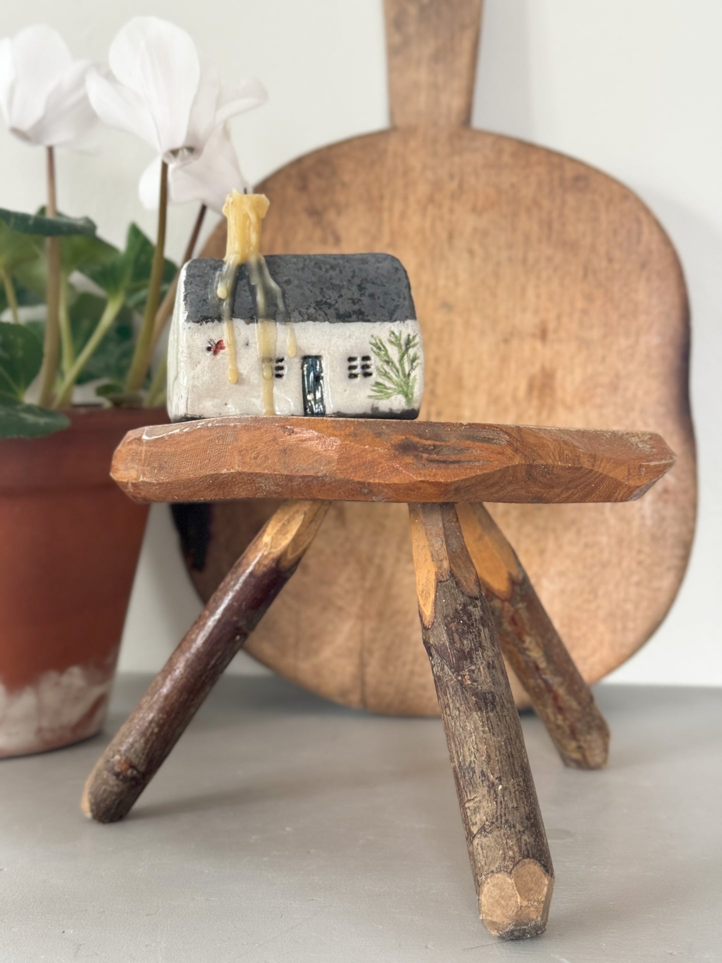 Small Handmade Treen Raw Wood Plant Stand • Stool