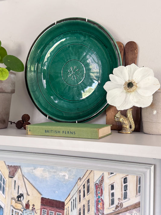 Vintage Studio Pottery Green Slipware Flower Wall Plate