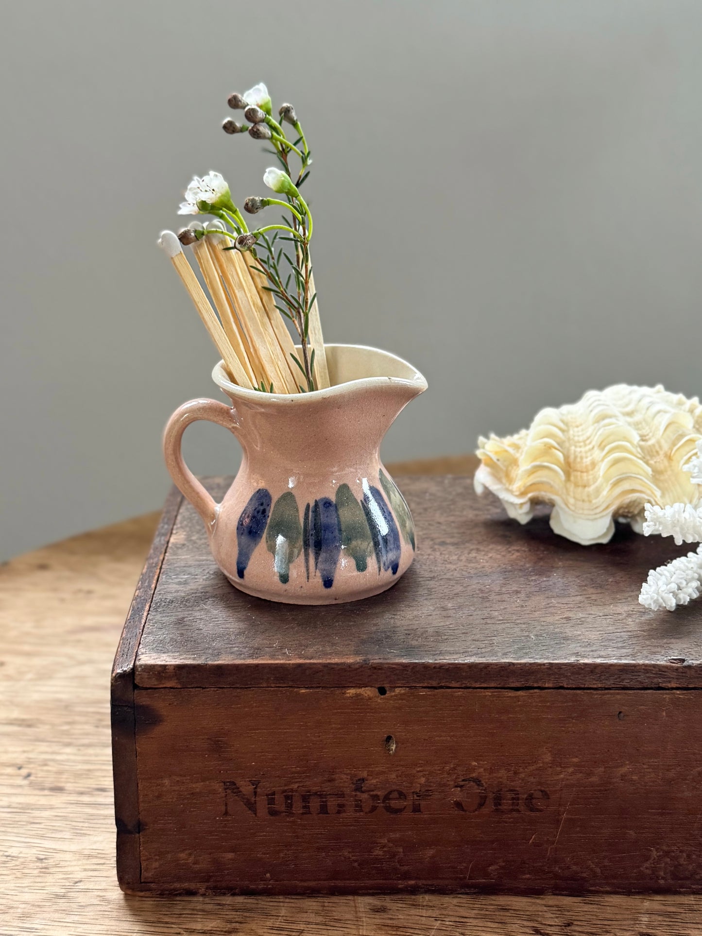 Vintage Studio Pottery Creamer -  Blush Pink with Blue and Green Brushstrokes