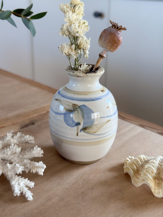 Vintage Studio Pottery Bottle Vase with Blue Slip Decoration