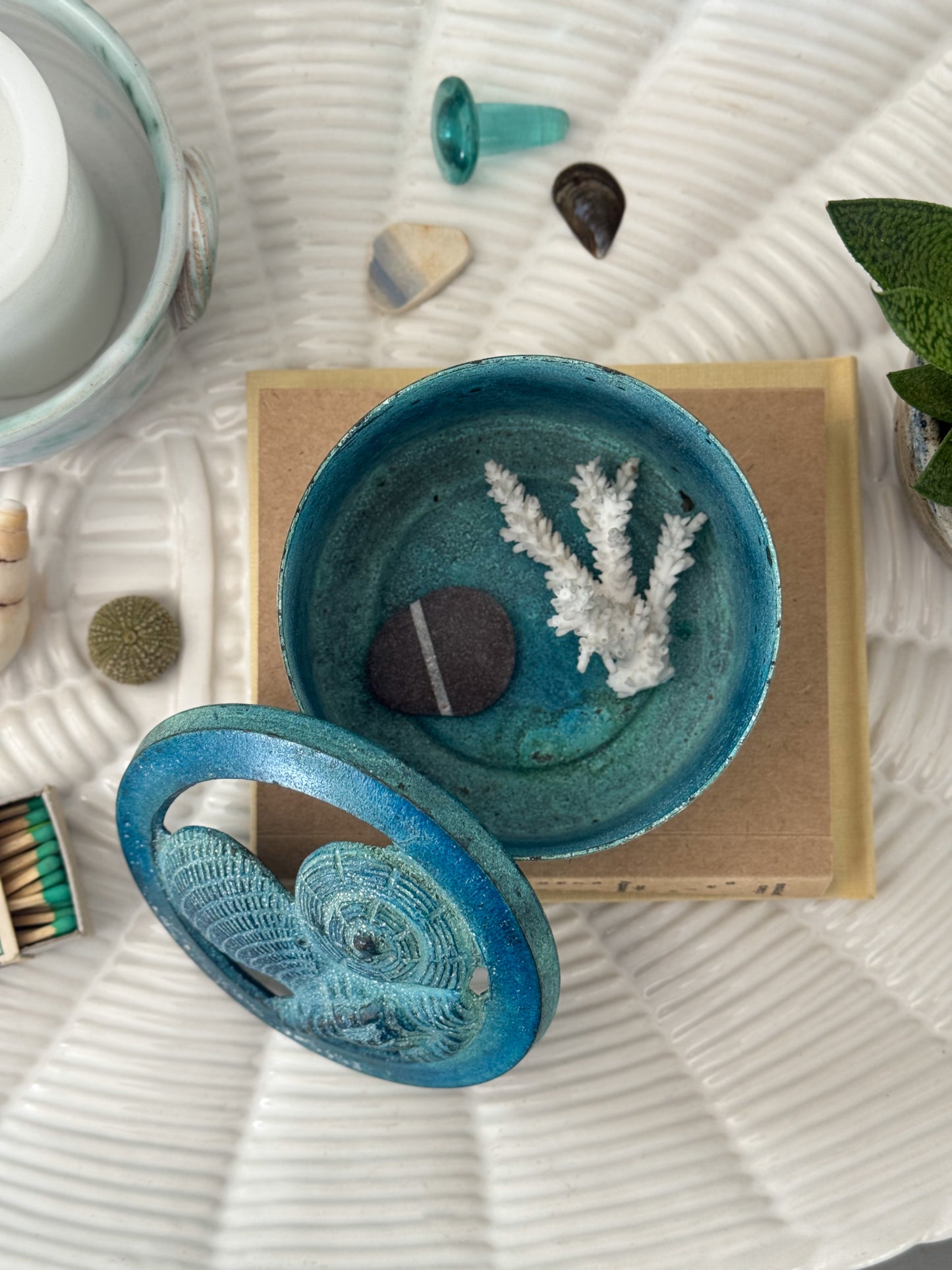 Vintage Brass Sea Shell Trinket Box with Incredible Verdigris