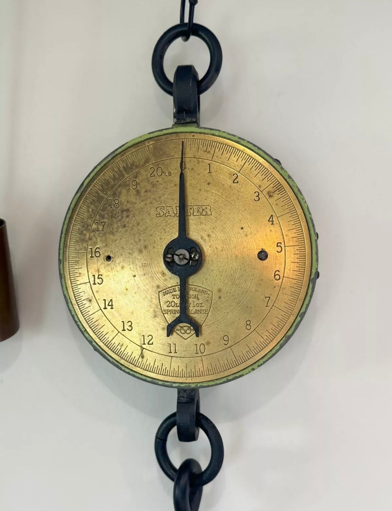 Vintage 1950s SALTER 235 Hanging Spring Balance Weighing Scale, 20lb Brass Face • Green Chippy Paint