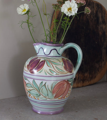Large Antique English Stoneware Hand-Painted Floral Jug